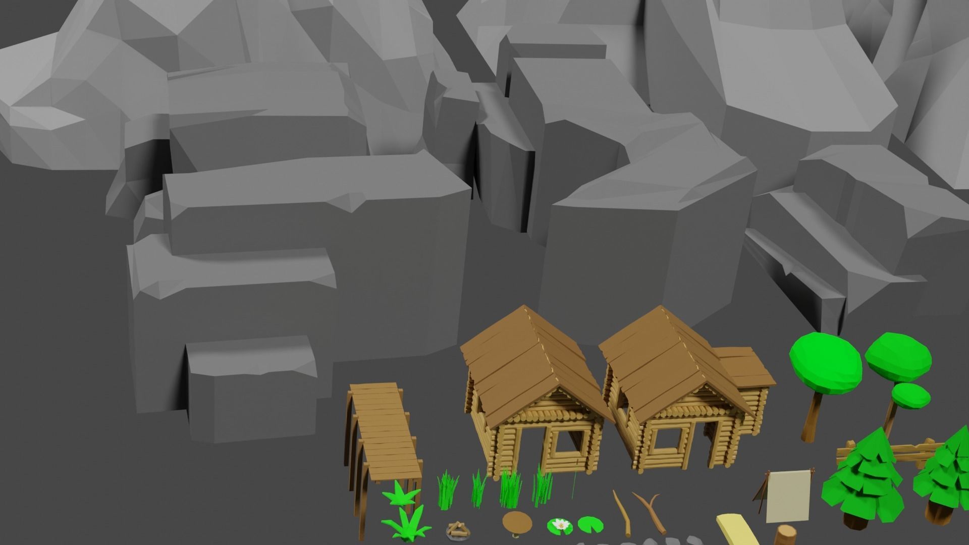 Lowpoly Natureset house with trees and rocks Low-poly 3D model_28