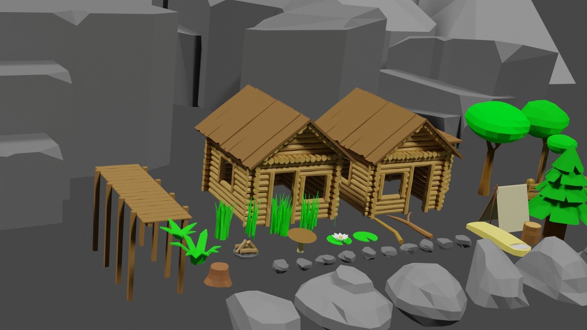 Lowpoly Natureset house with trees and rocks Low-poly 3D model_5