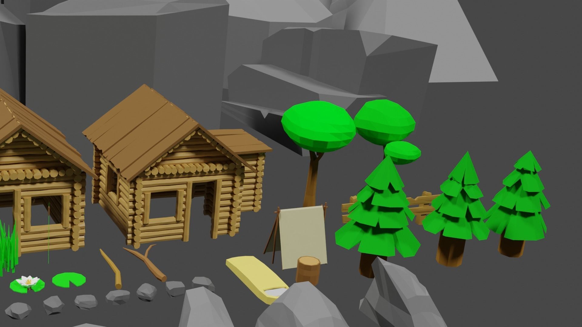 Lowpoly Natureset house with trees and rocks Low-poly 3D model_13