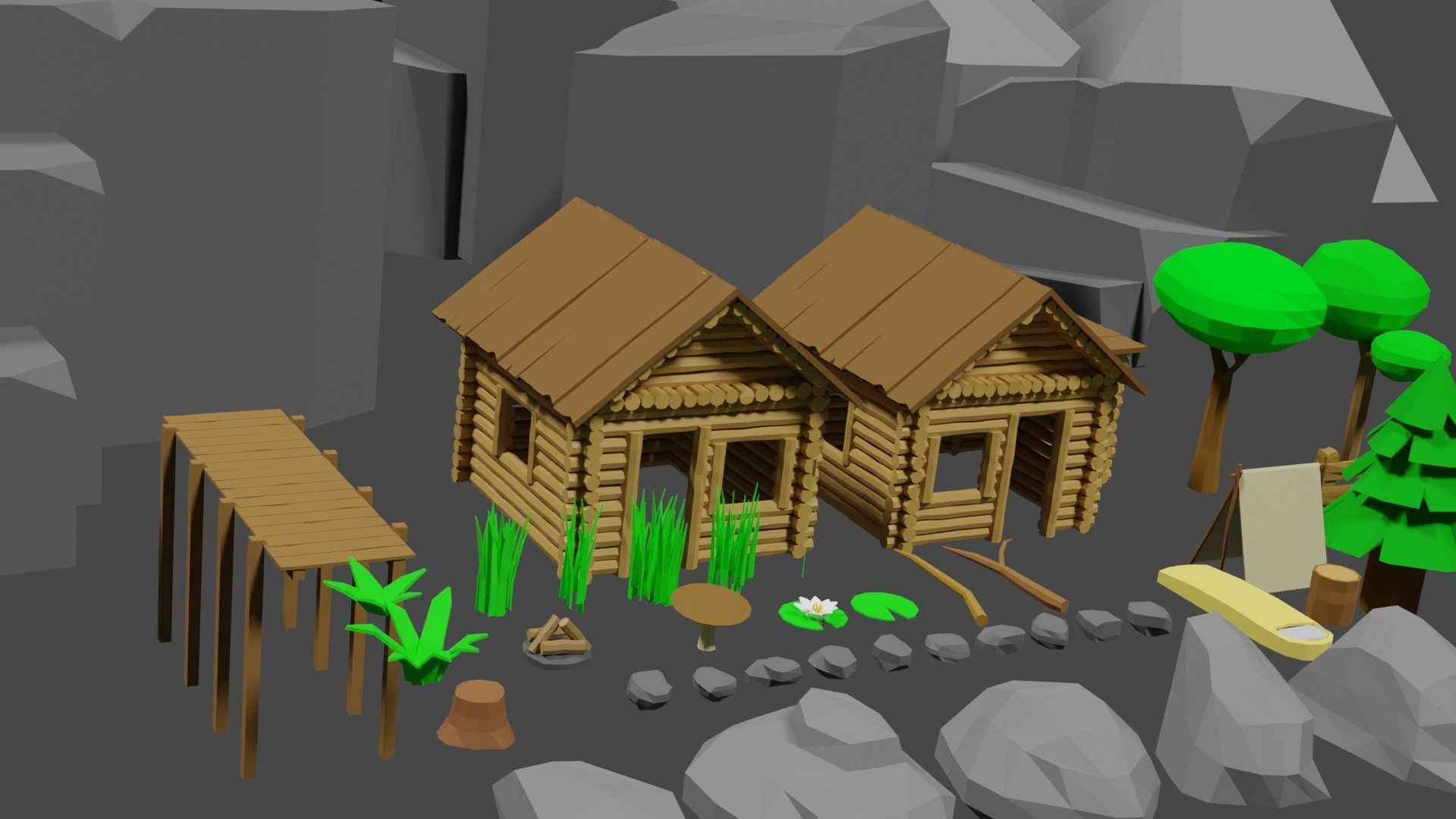 Lowpoly Natureset house with trees and rocks Low-poly 3D model_6