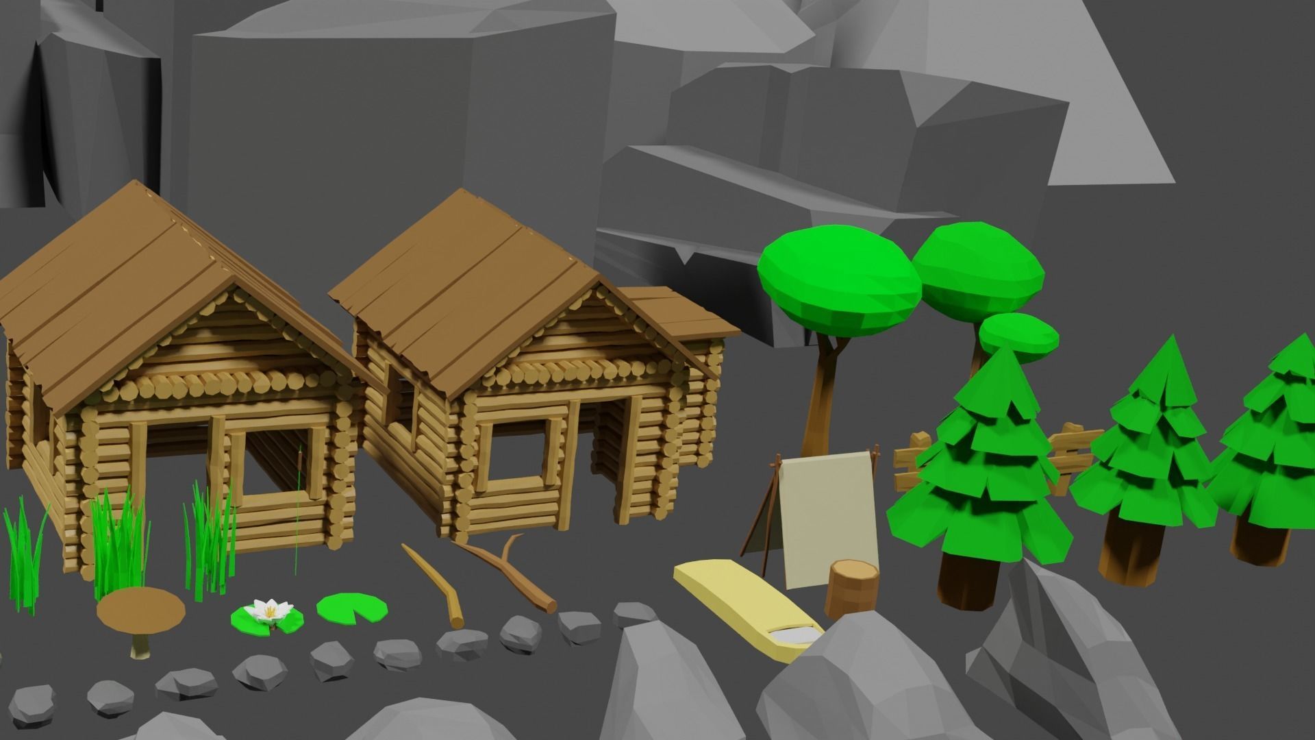 Lowpoly Natureset house with trees and rocks Low-poly 3D model_10
