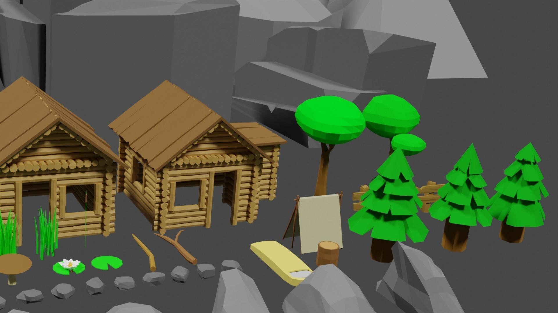 Lowpoly Natureset house with trees and rocks Low-poly 3D model_11