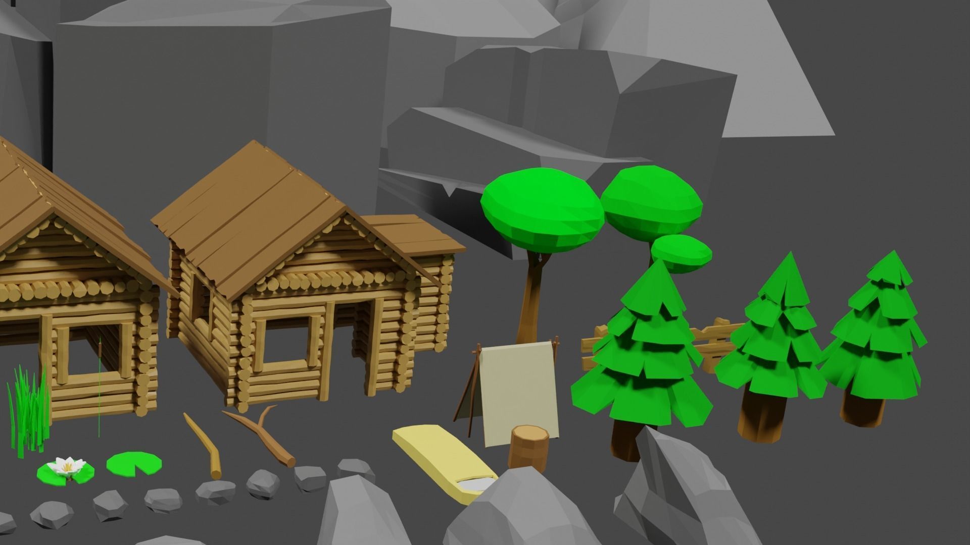 Lowpoly Natureset house with trees and rocks Low-poly 3D model_12