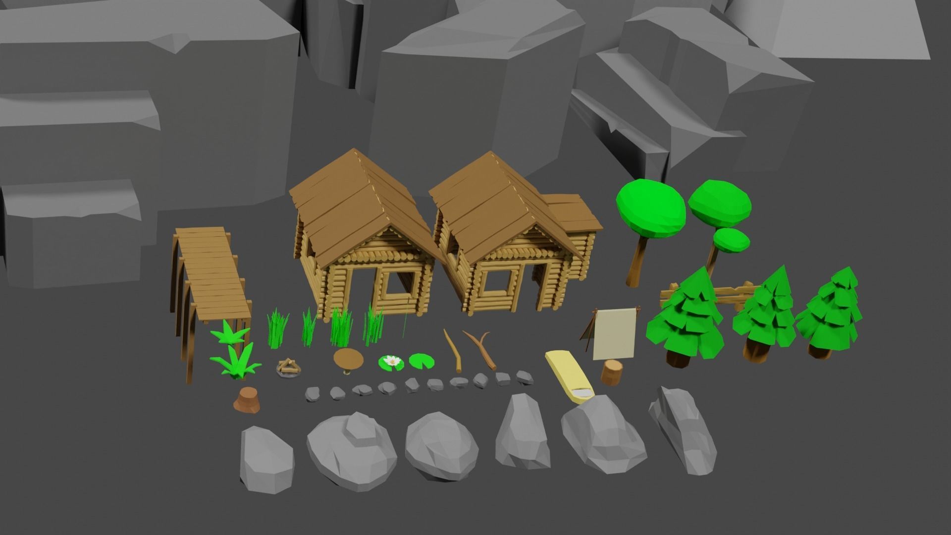 Lowpoly Natureset house with trees and rocks Low-poly 3D model_31