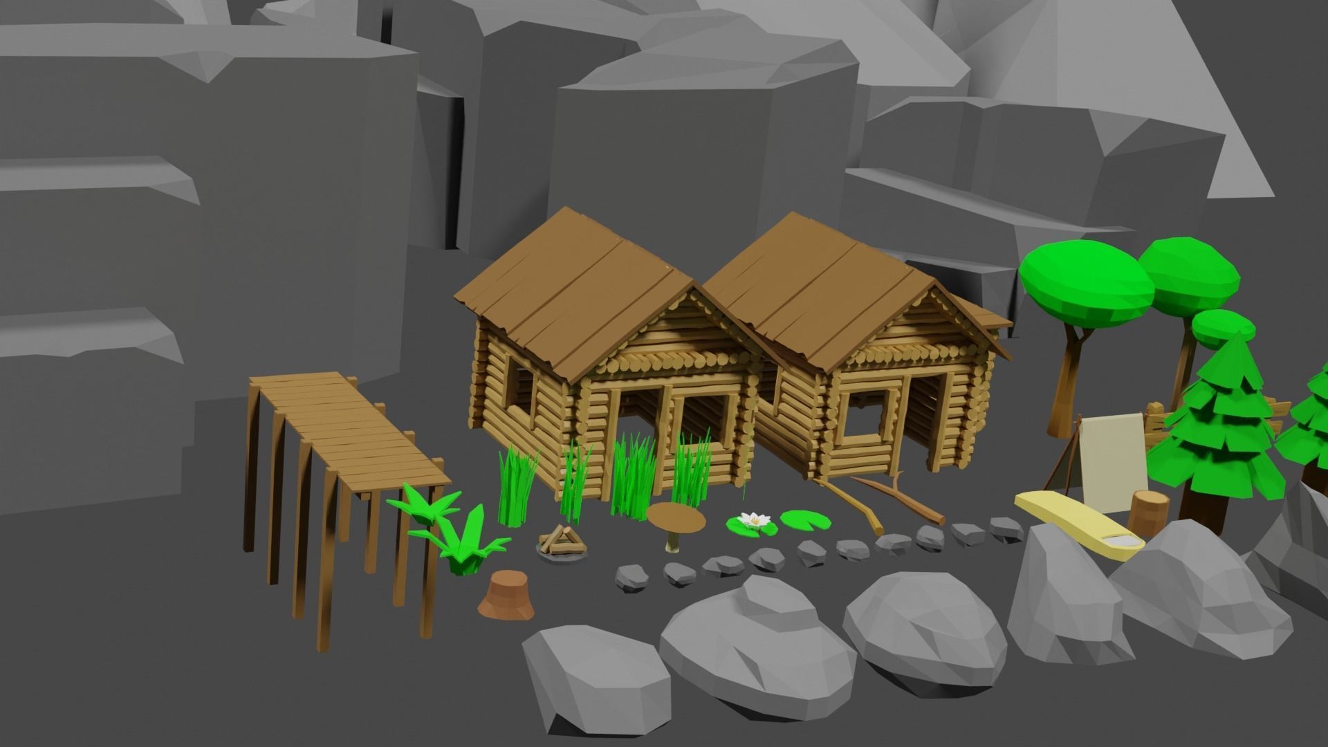 Lowpoly Natureset house with trees and rocks Low-poly 3D model_4