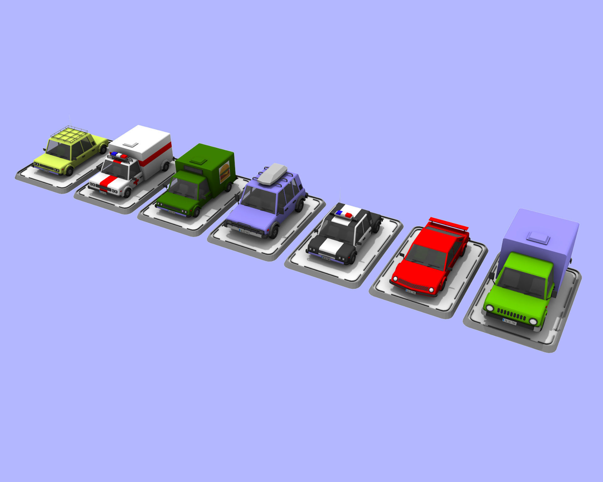 7 Cartoon Low Poly Cars Set Low-poly 3D model_1