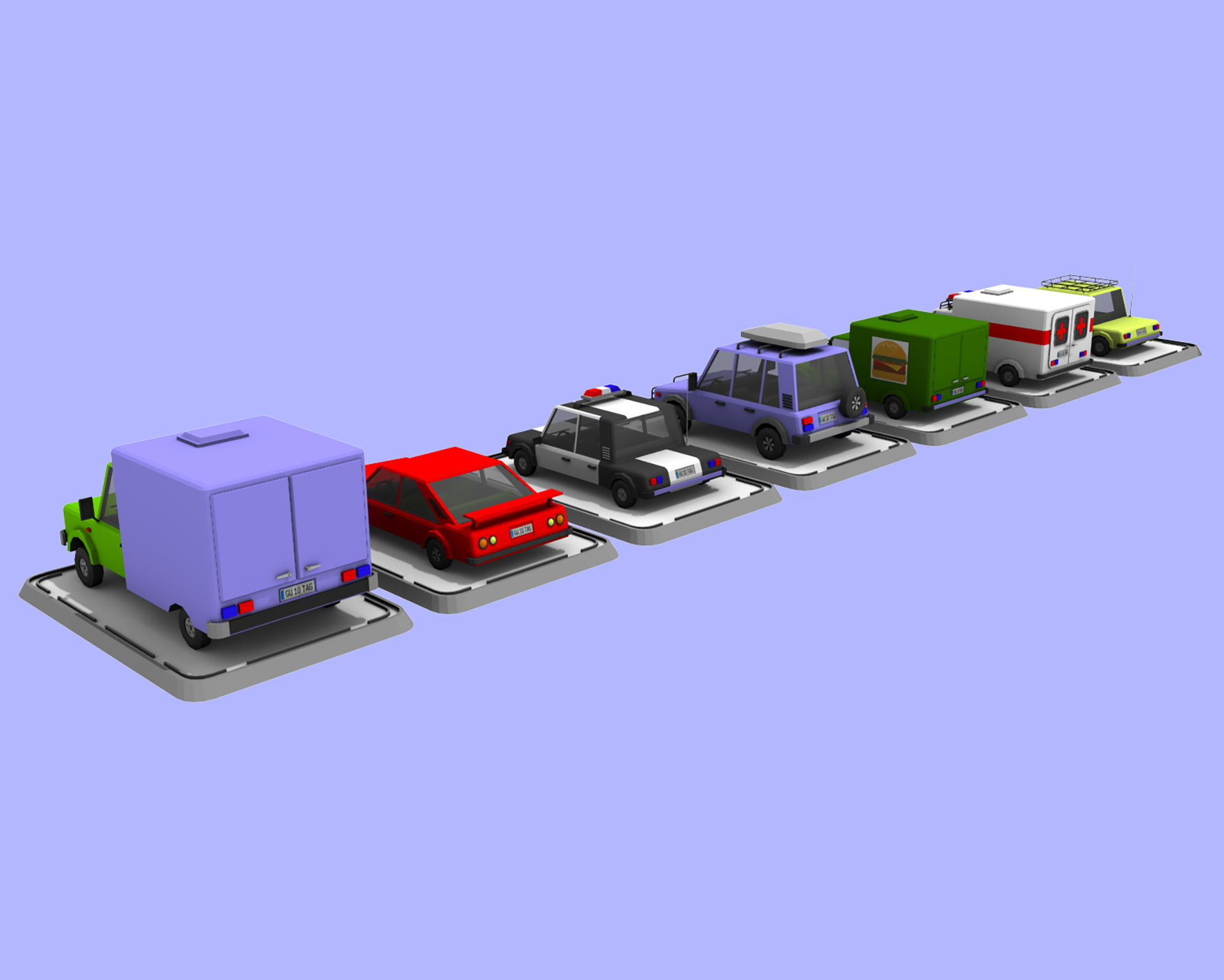 7 Cartoon Low Poly Cars Set Low-poly 3D model_2