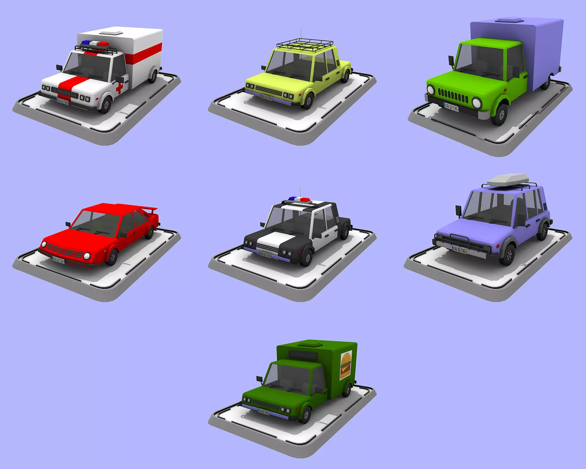 7 Cartoon Low Poly Cars Set Low-poly 3D model_0