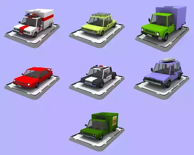 7 Cartoon Low Poly Cars Set Low-poly 3D model