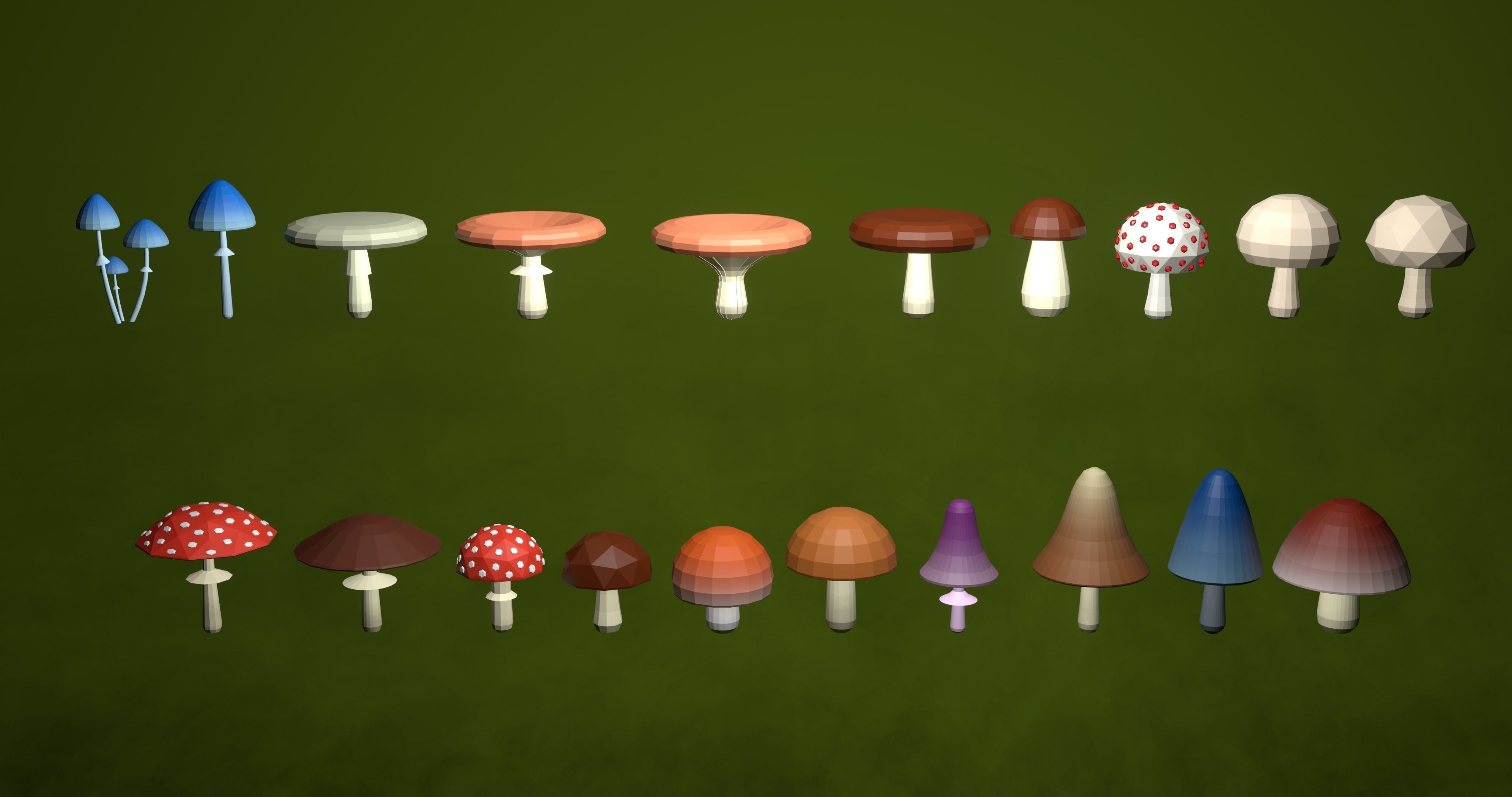 Set of stylized low-poly mushrooms Low-poly 3D model_6