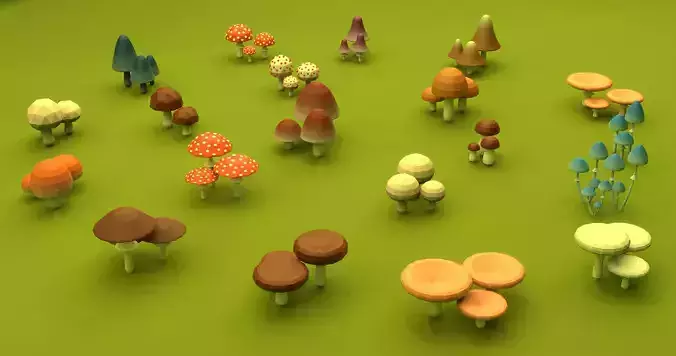 Set of stylized  low-poly mushrooms