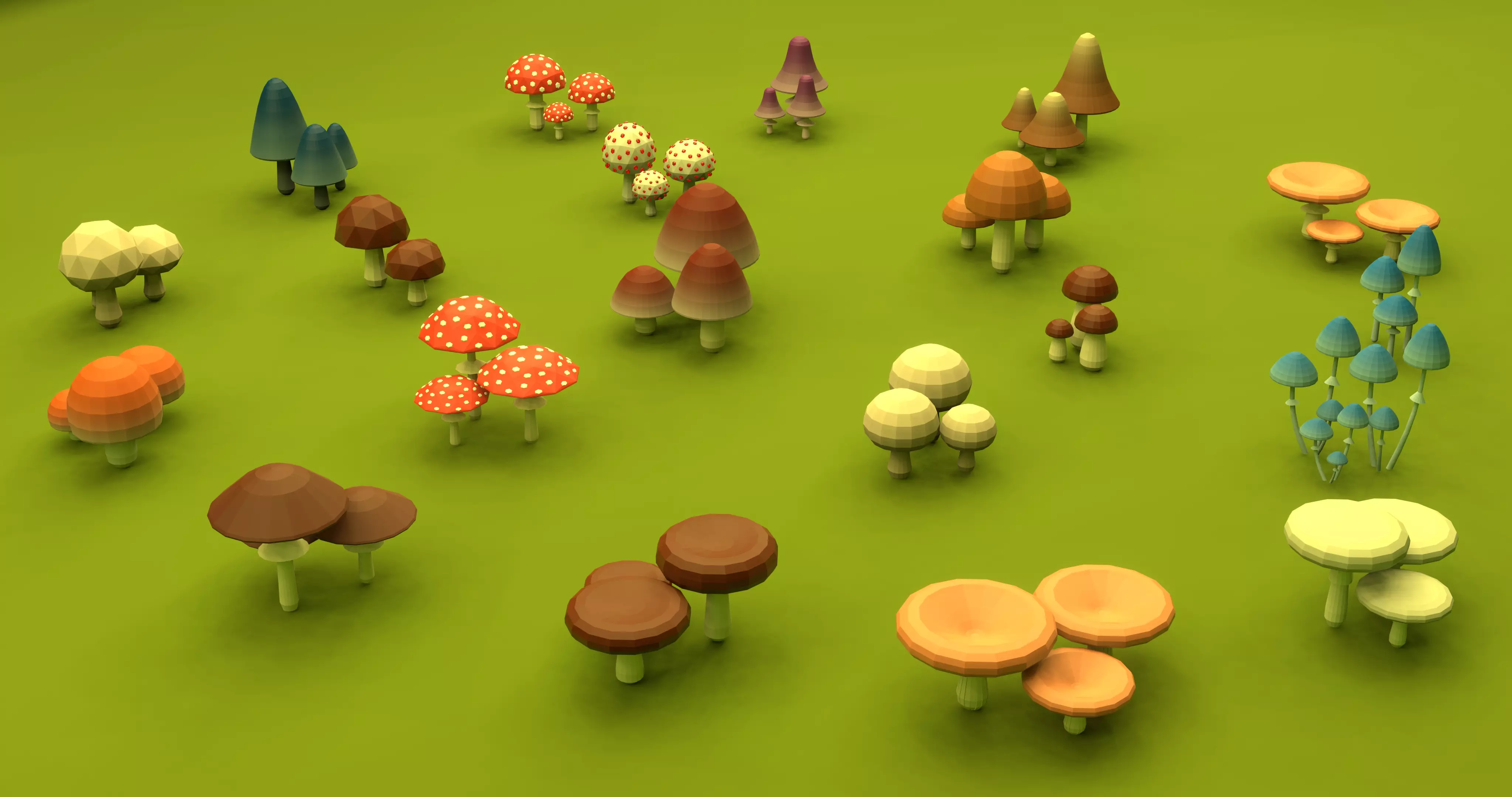 Set of stylized low-poly mushrooms Low-poly 3D model_0