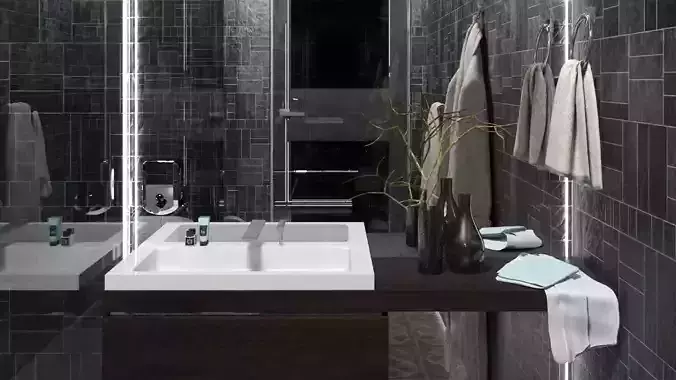bathroom modern with tiled walls