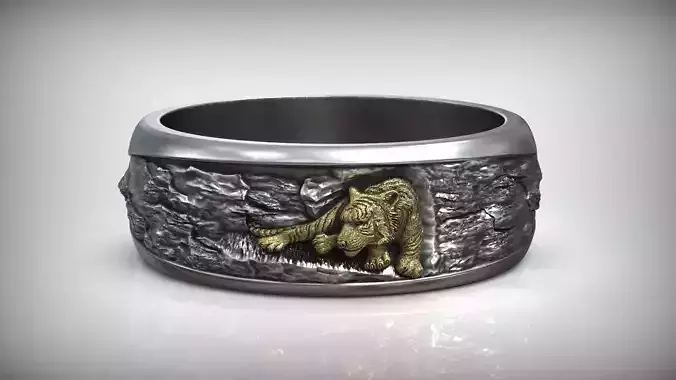 Gold Tiger Oxidized Silver Wedding Band 3D print model