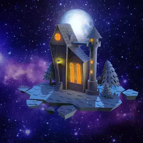 Tower castle on island in night sky