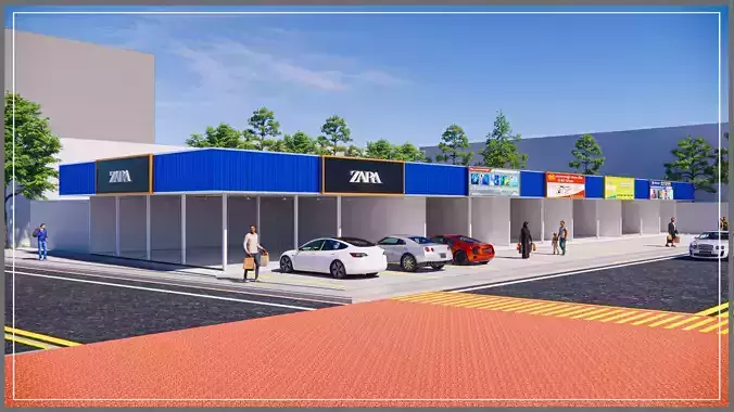 Shophouse building with cars parked 3D model
