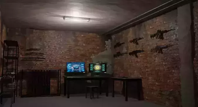 light low poly room with guns on wall
