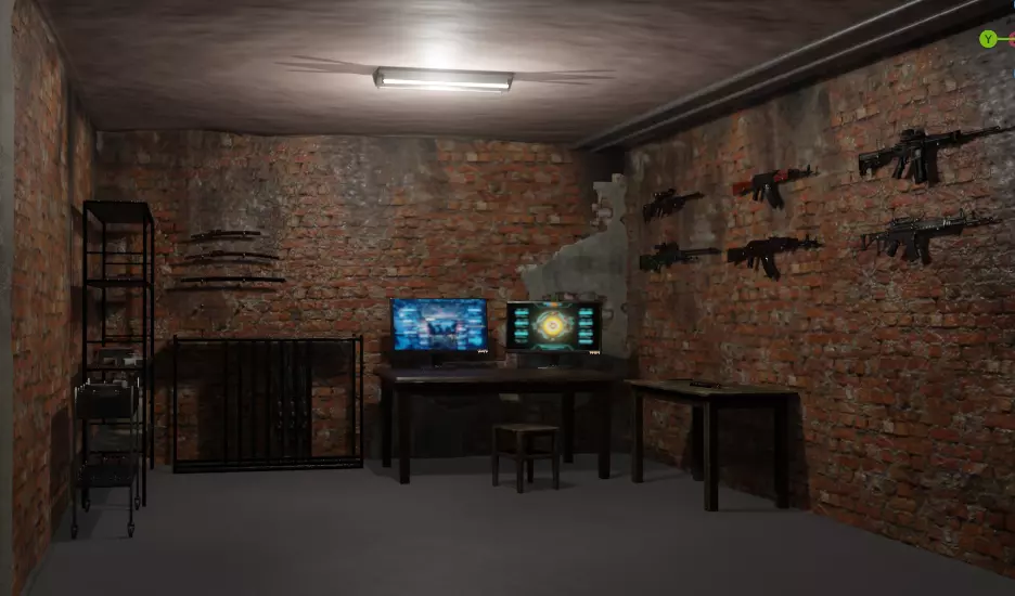 ground low poly room with guns on wall Free 3D model_0