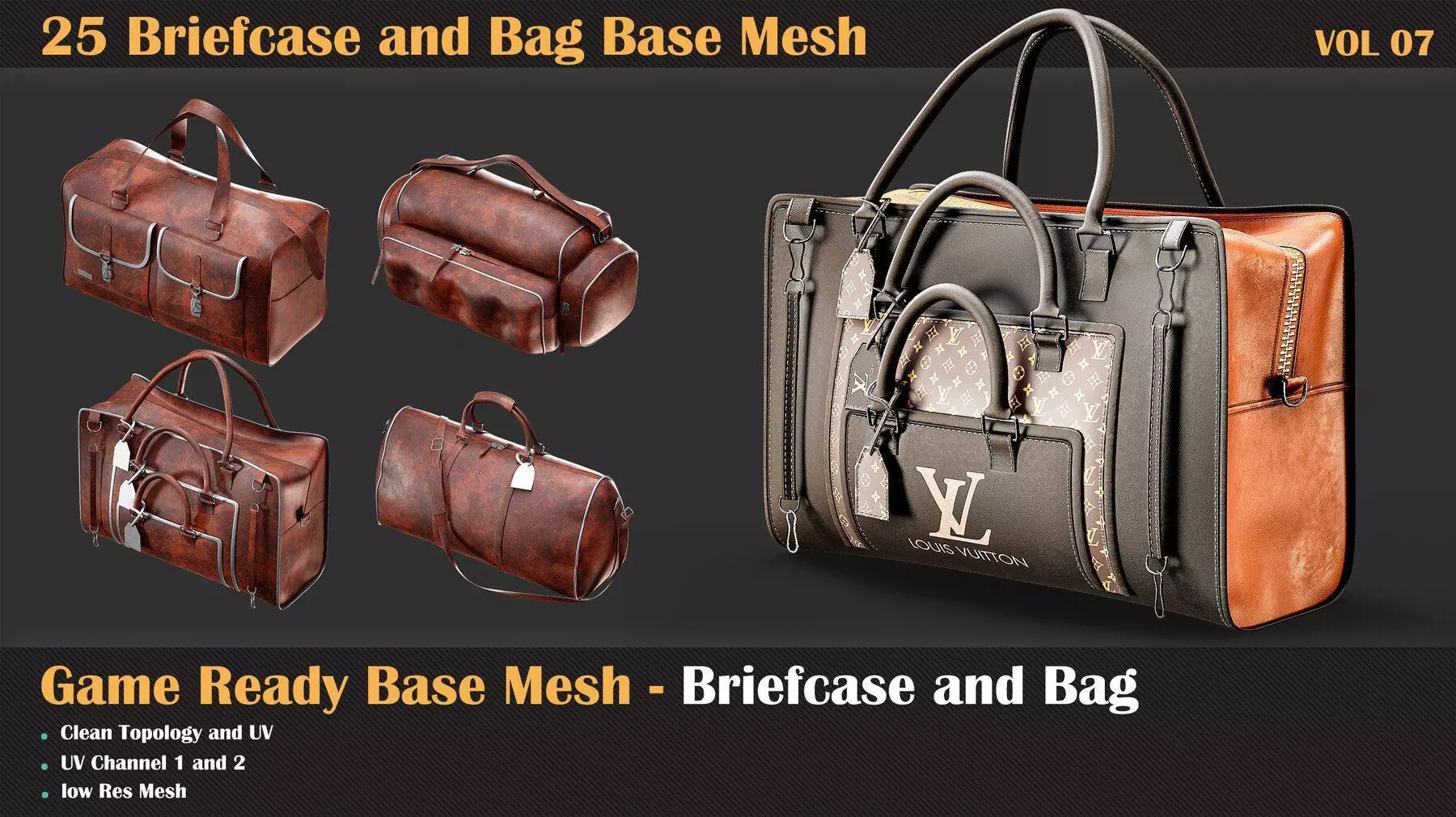 25 Briefcase and Bag Base Mesh - VOL 08 - Game Ready Low-poly 3D model_0