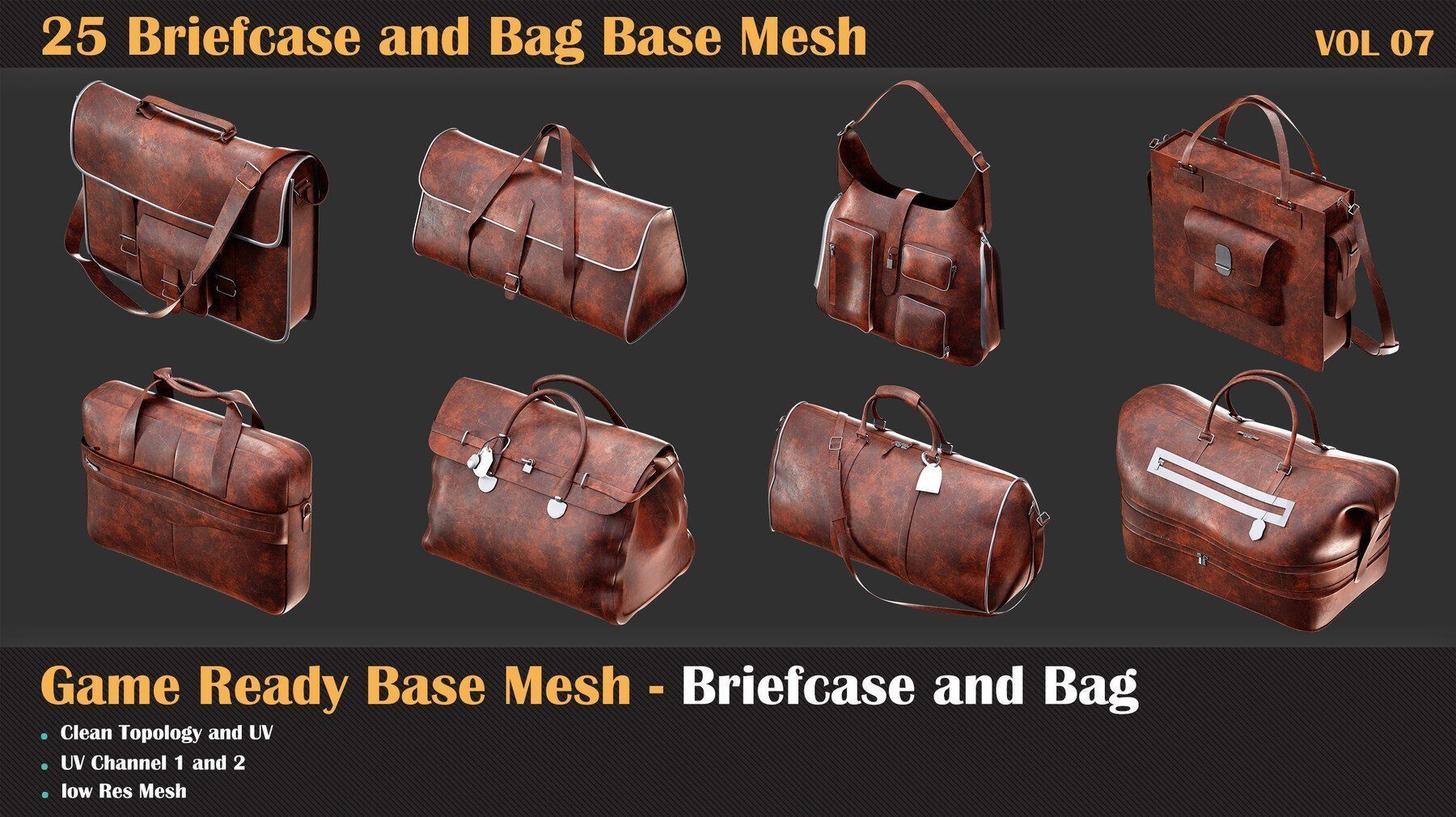 25 Briefcase and Bag Base Mesh - VOL 08 - Game Ready Low-poly 3D model_7