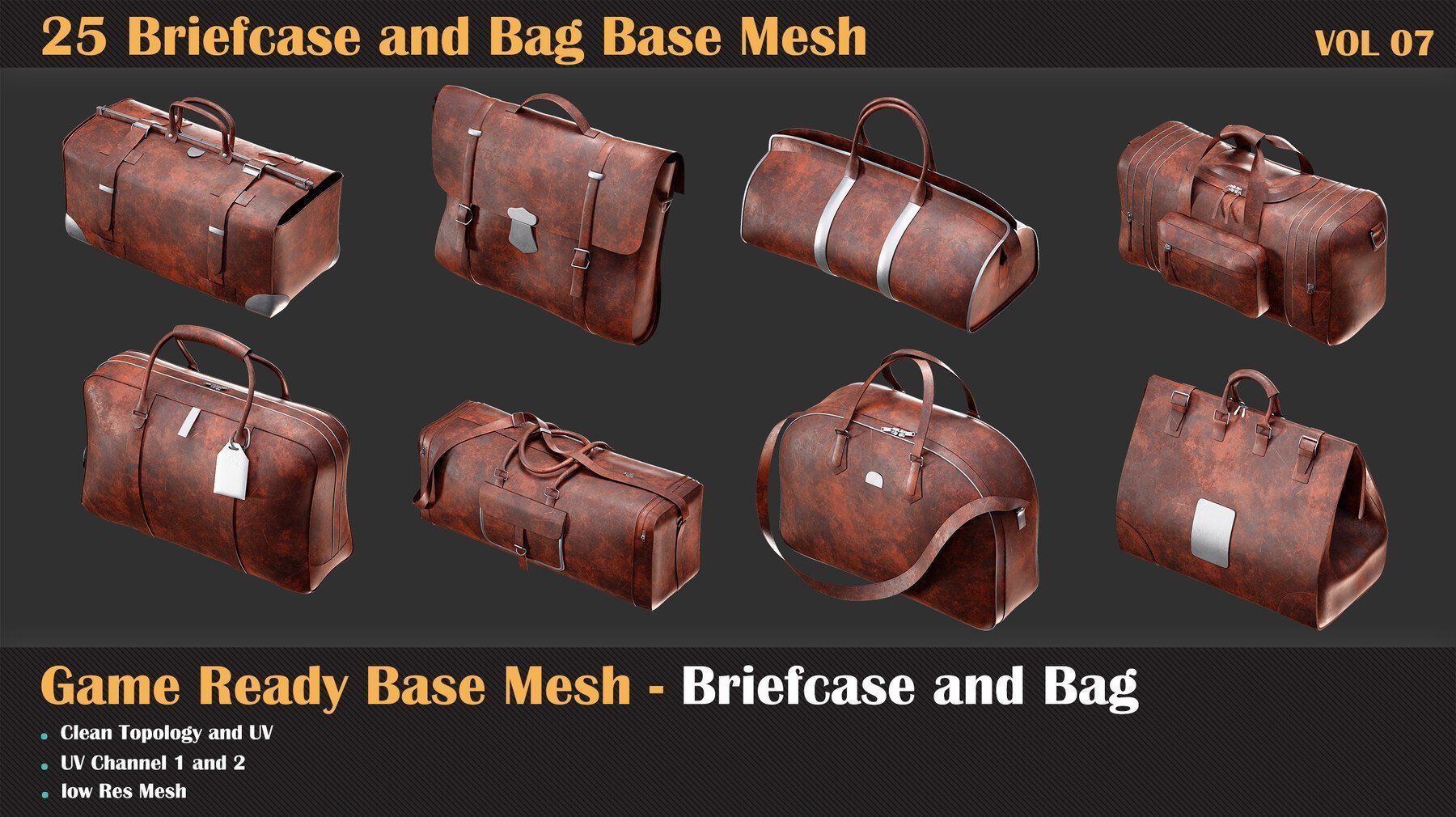 25 Briefcase and Bag Base Mesh - VOL 08 - Game Ready Low-poly 3D model_5