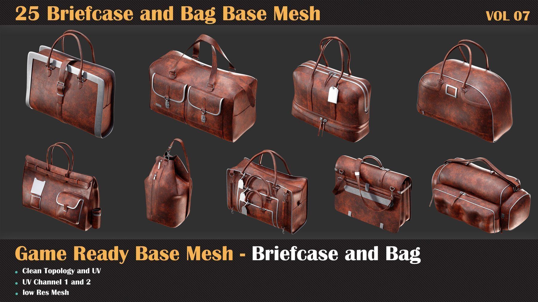 25 Briefcase and Bag Base Mesh - VOL 08 - Game Ready Low-poly 3D model_6