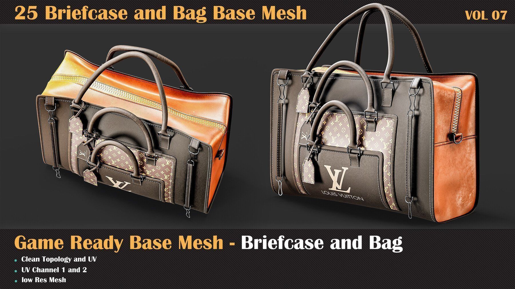 25 Briefcase and Bag Base Mesh - VOL 08 - Game Ready Low-poly 3D model_3