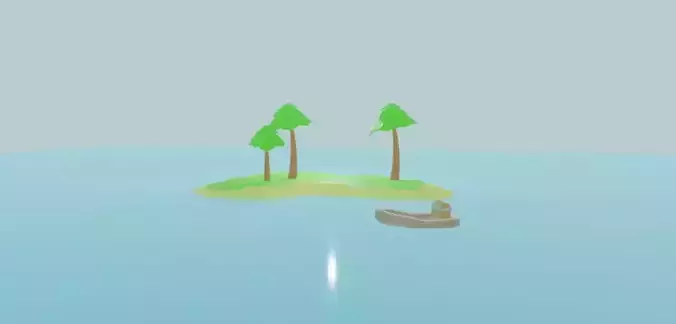 Low poly Island with trees and boat in water