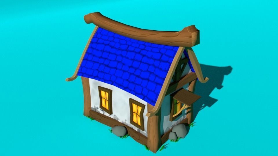 Blue house low-poly  for mobile game  Low-poly 3D model_1