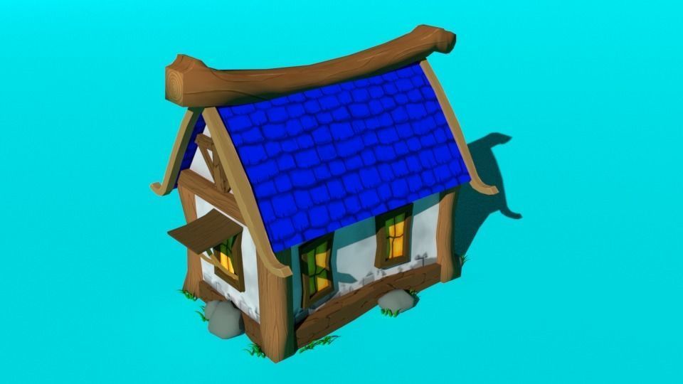 Blue house low-poly  for mobile game  Low-poly 3D model_2