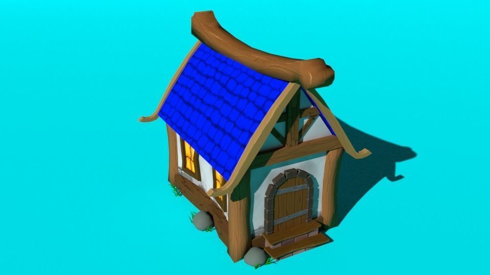 Blue house low-poly  for mobile game  Low-poly 3D model_3