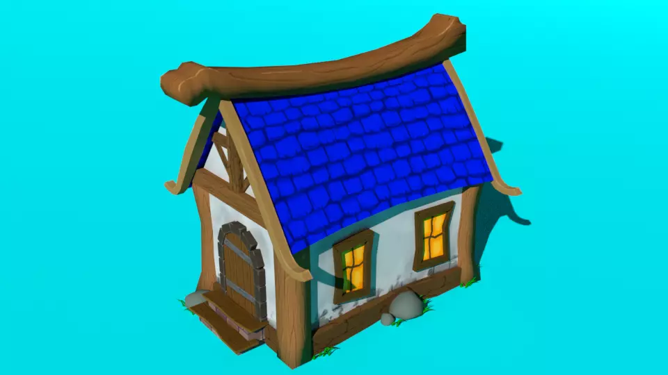 Blue house low-poly  for mobile game  Low-poly 3D model_0