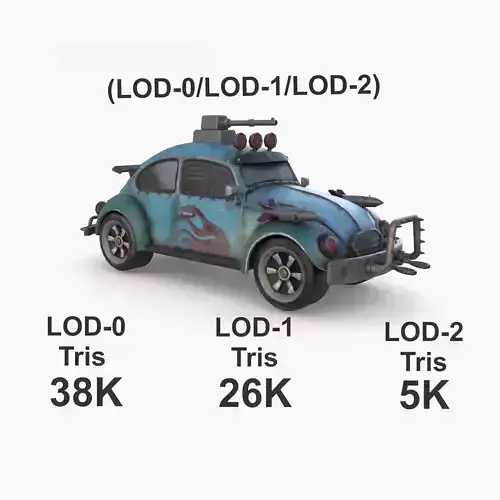 Post Apocalyptic Volkswagen Beetle Low-poly War Car Game Asset 