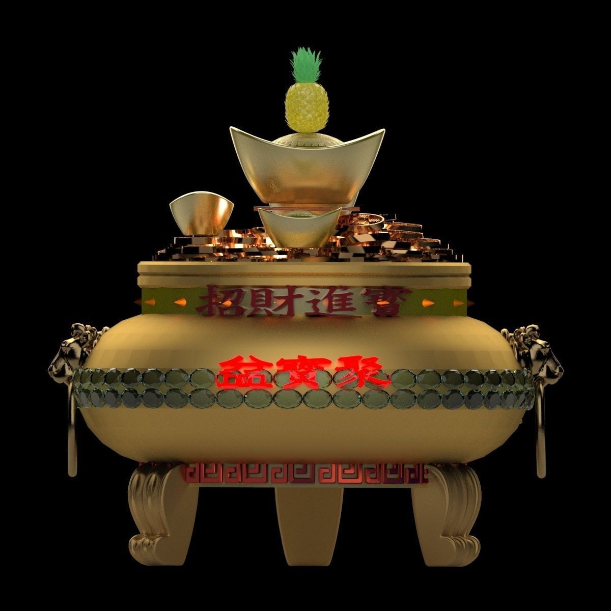Chinese gold Ingot  pot  3D model_2