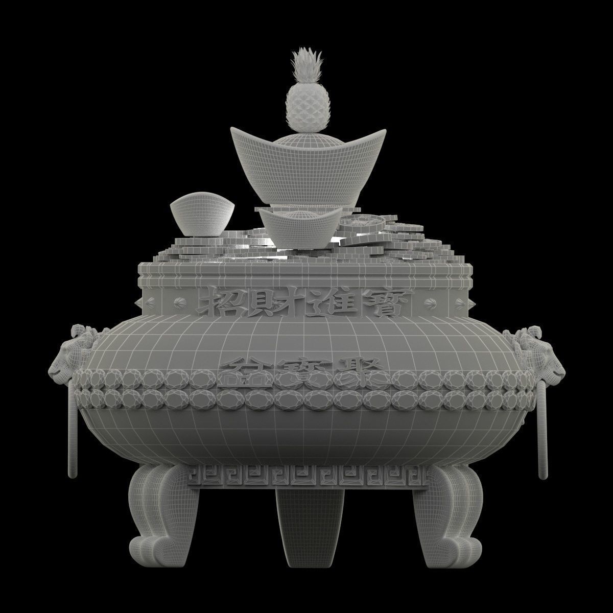 Chinese gold Ingot  pot  3D model_5