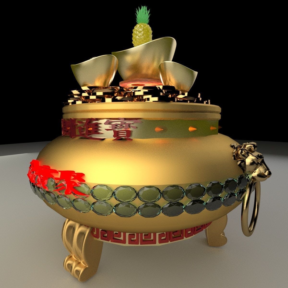 Chinese gold Ingot  pot  3D model_1
