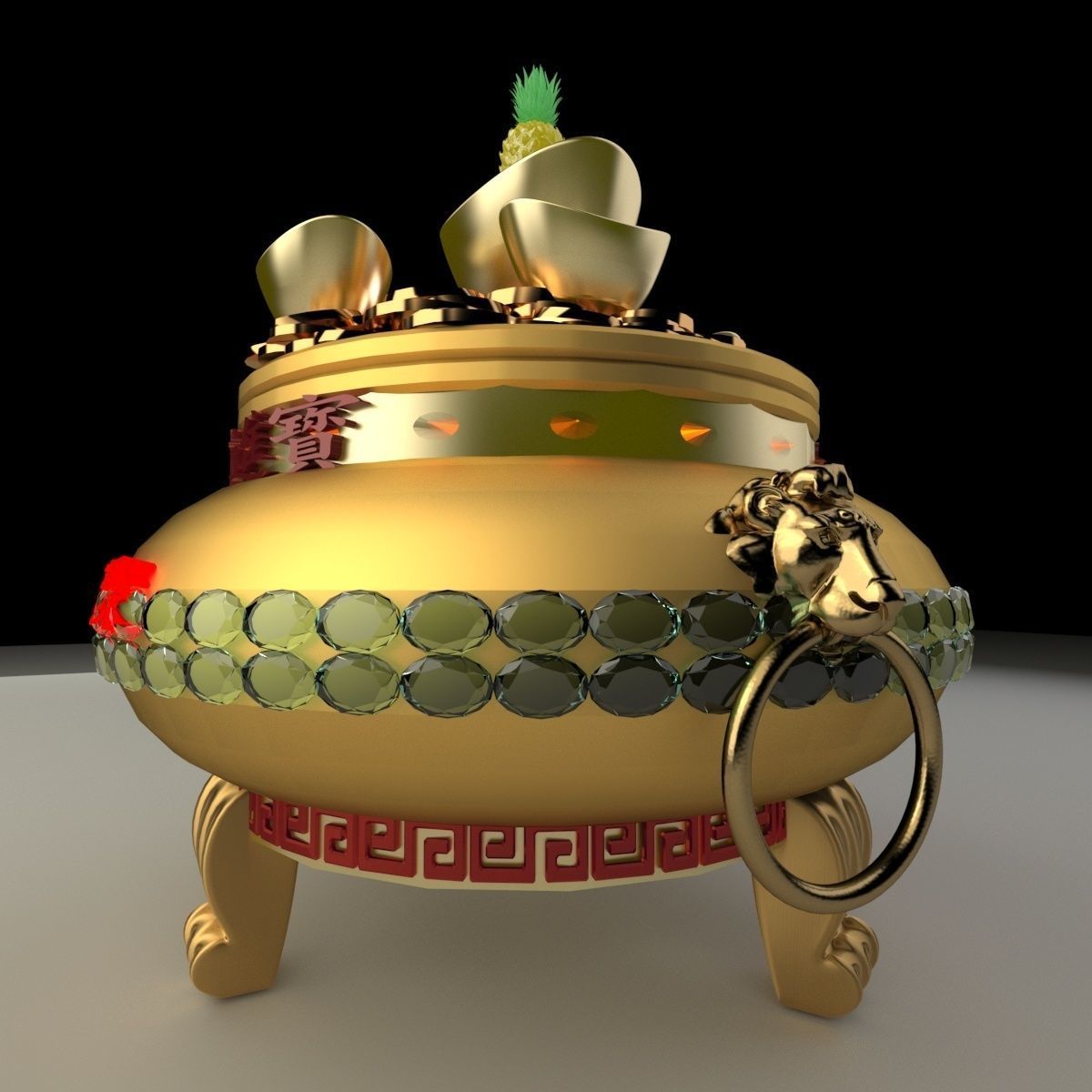 Chinese gold Ingot  pot  3D model_4