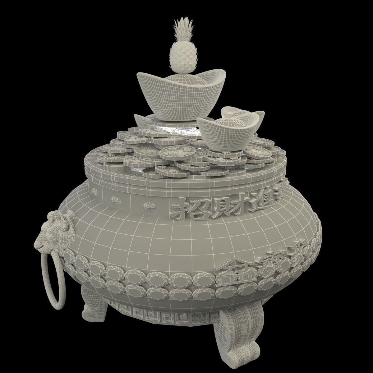 Chinese gold Ingot  pot  3D model_6