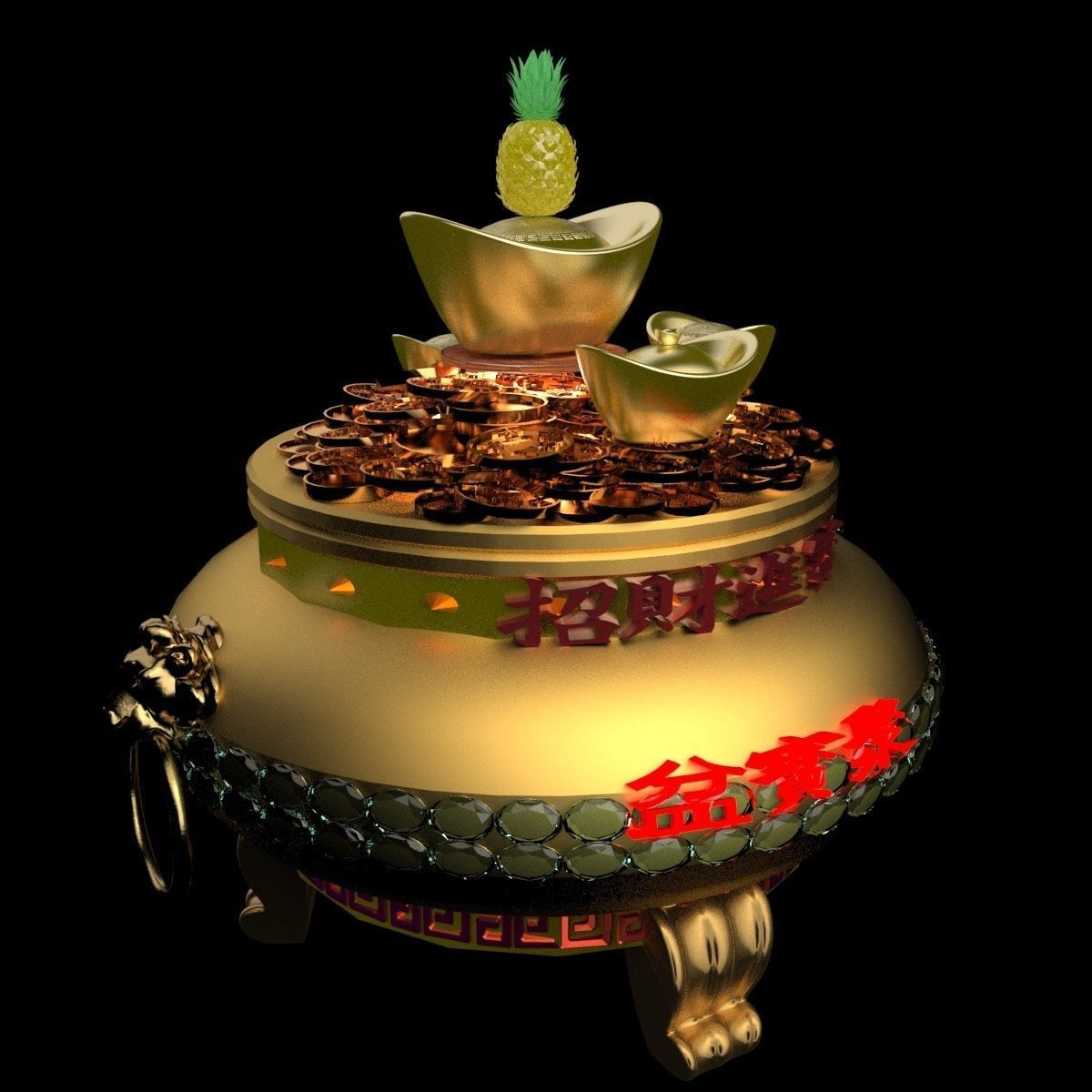 Chinese gold Ingot  pot  3D model_3