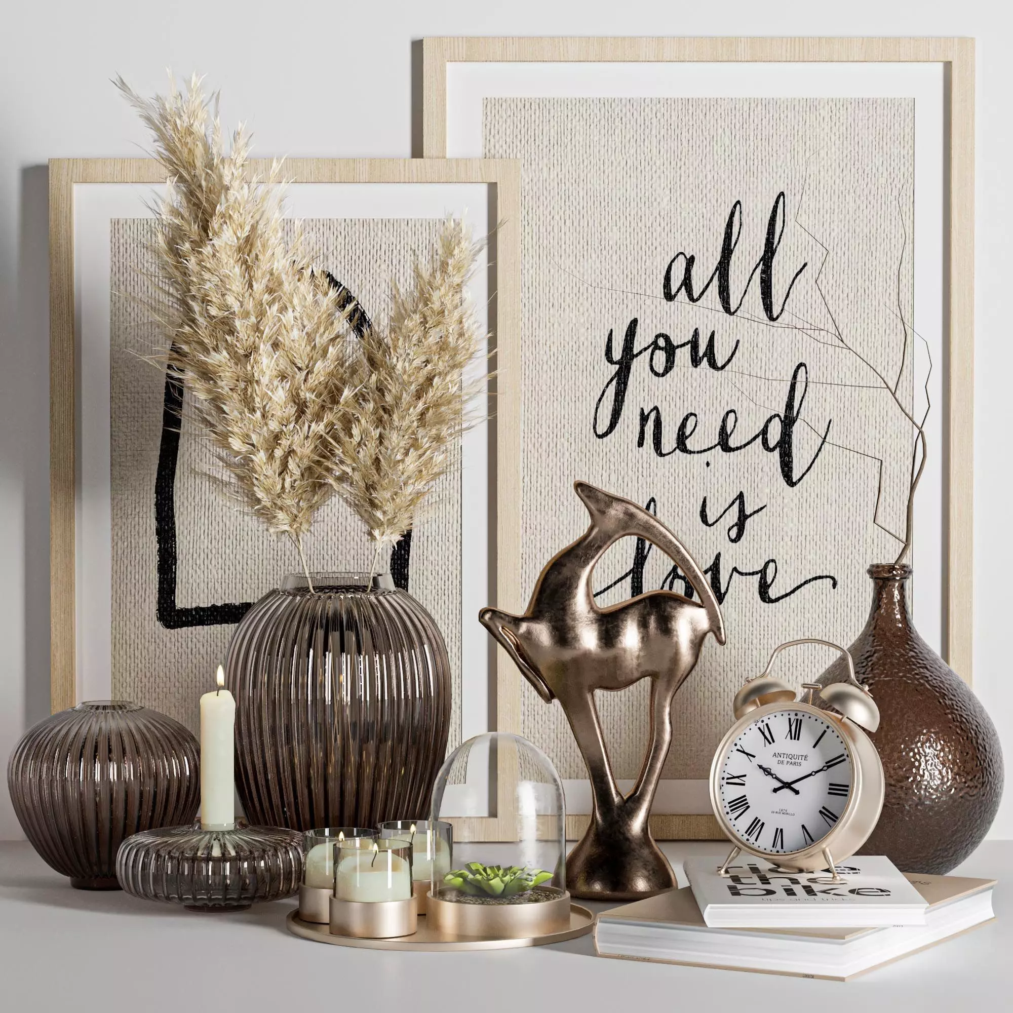 Decorative set items and clock on table 3D model_0