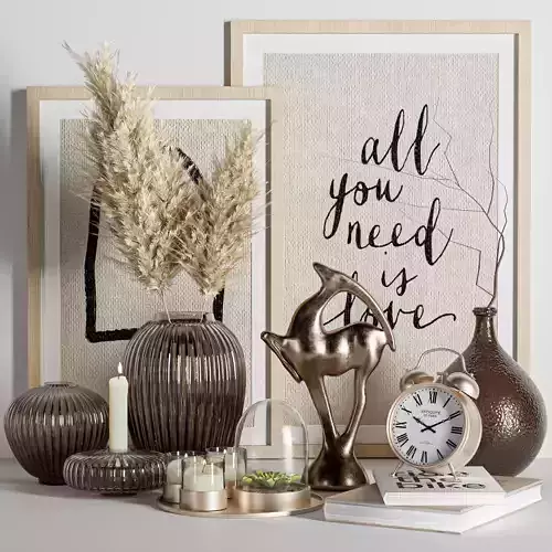 Decorative set items and clock on table