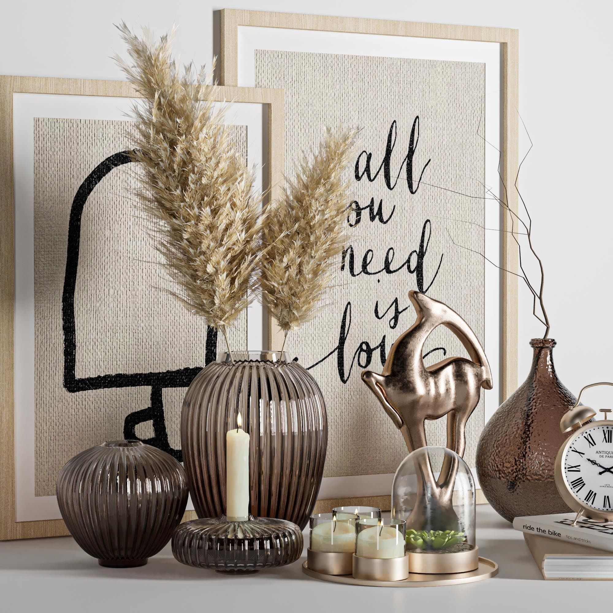 Decorative set items and clock on table 3D model_1