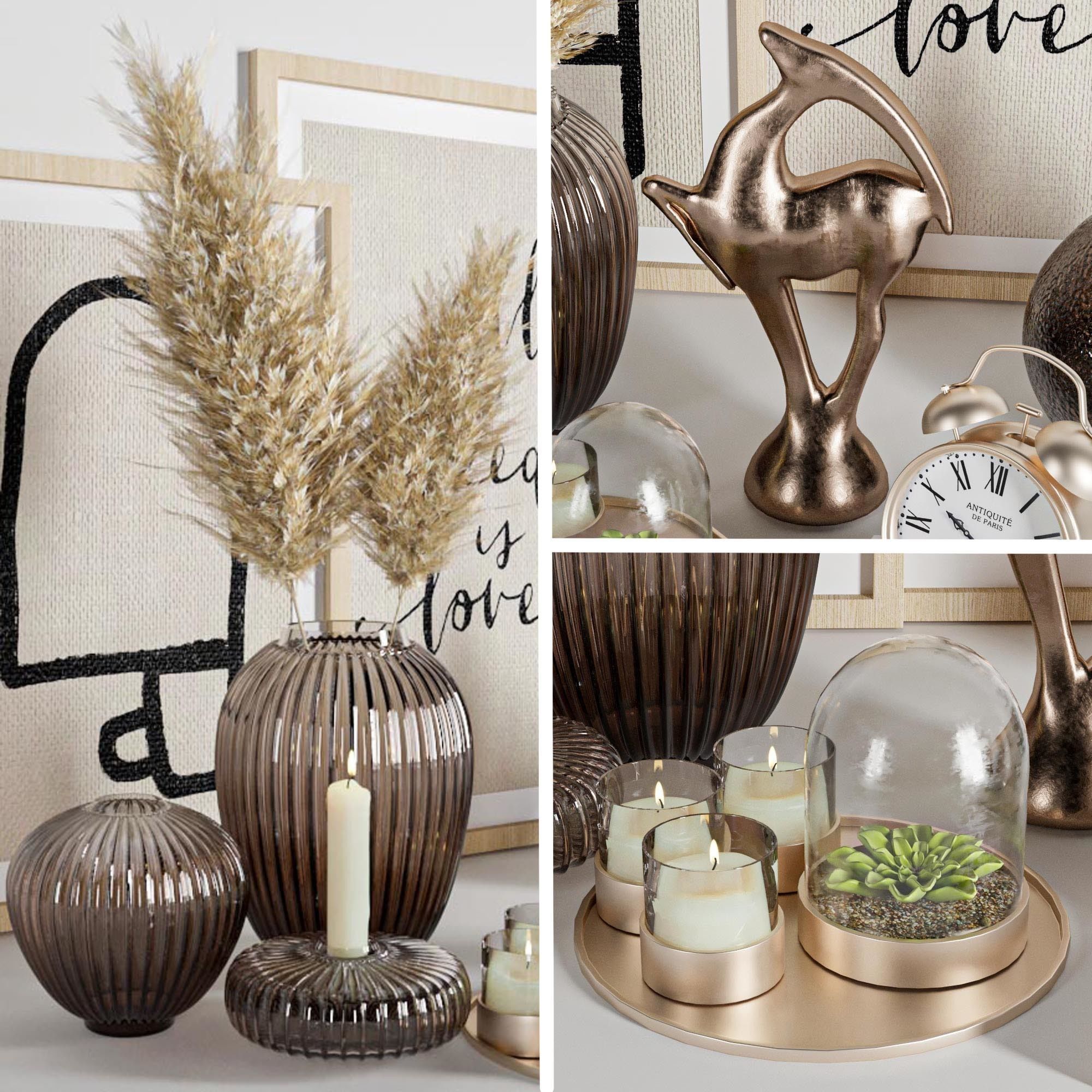 Decorative set items and clock on table 3D model_3