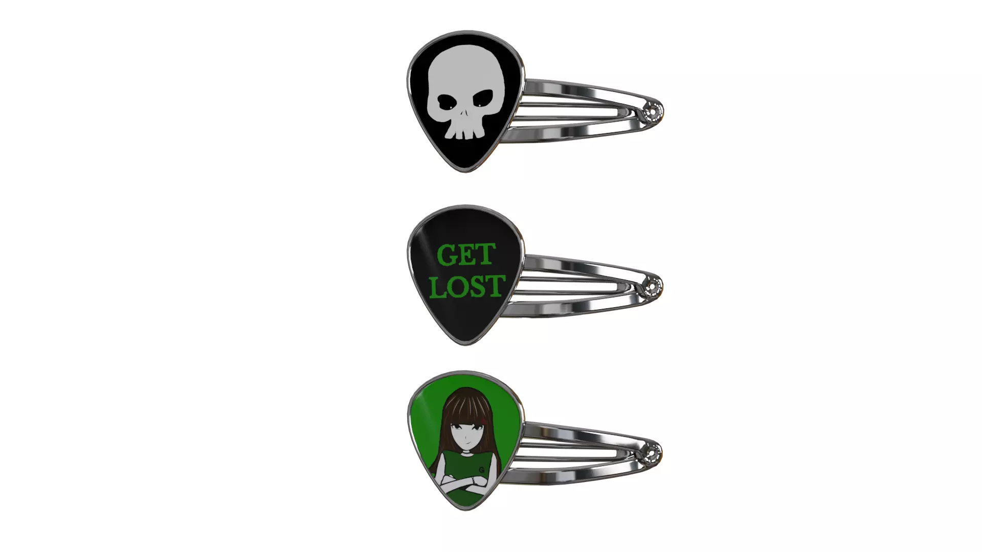 Hair snap clips green color girl 3 style v3 3D model_0