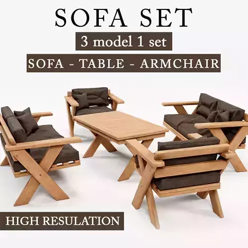 Wooden Sofa Set Low-poly 3D model