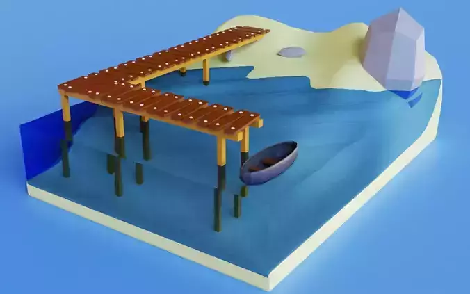 Beach island with dock and boat 3D model