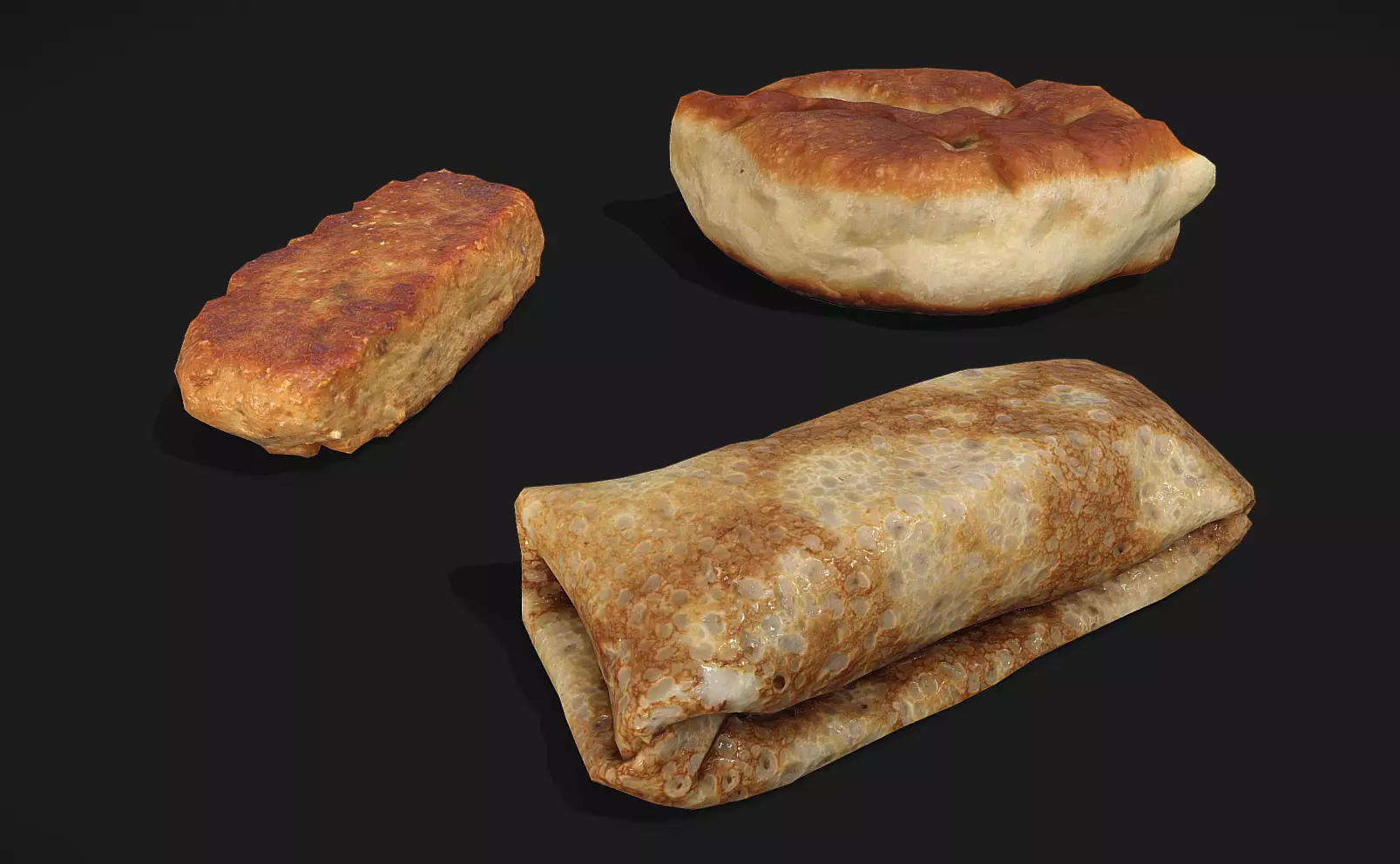 Pancake and pie and cutlet - 3 Photoscaned models Low-poly 3D model