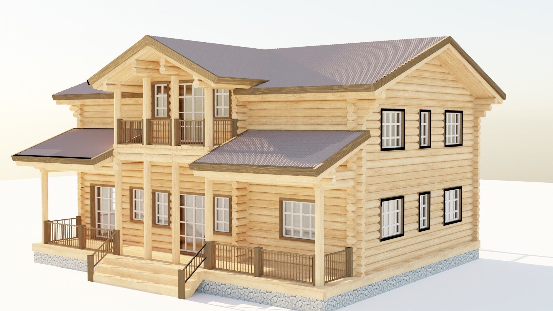 Two-storey house with a veranda and a separate entrance 3D model