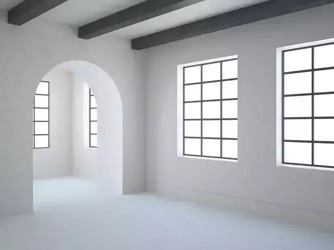 Living room scene with arch corridor and many windows