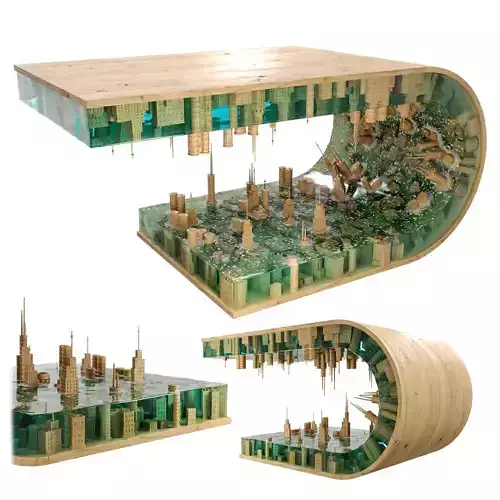 Table coffee table with flooded curving city landscape